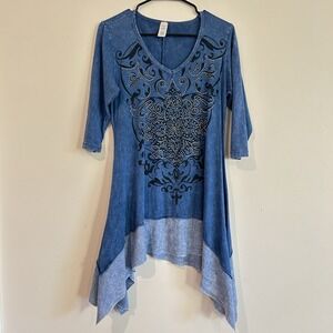 Fairy Tunic Dress Sz L Embellished Asymmetrical Hem Blue Rhinestones Whimsigoth